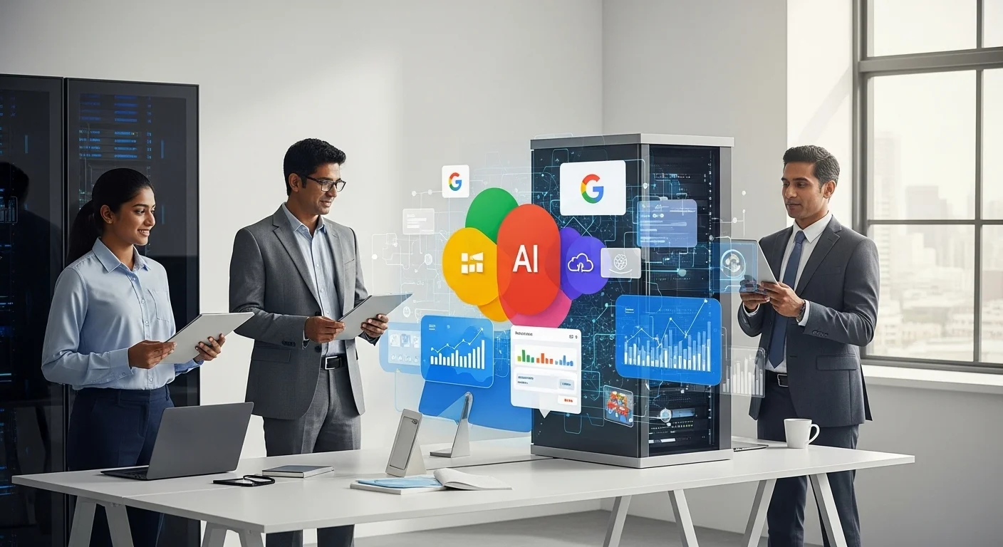 Modern technology landscape with business elements and tech solutions for Google