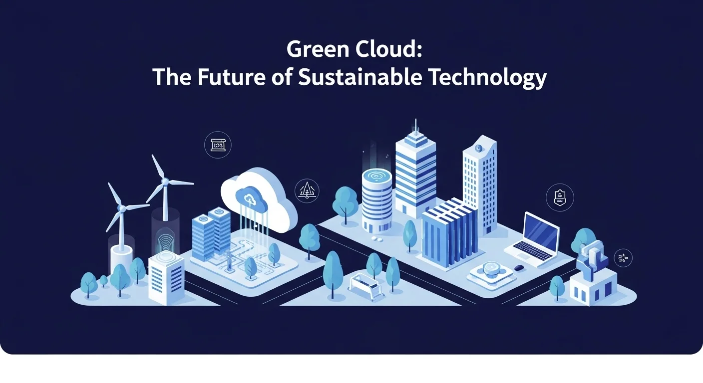 Modern technology landscape with business elements and tech solutions for Green Cloud