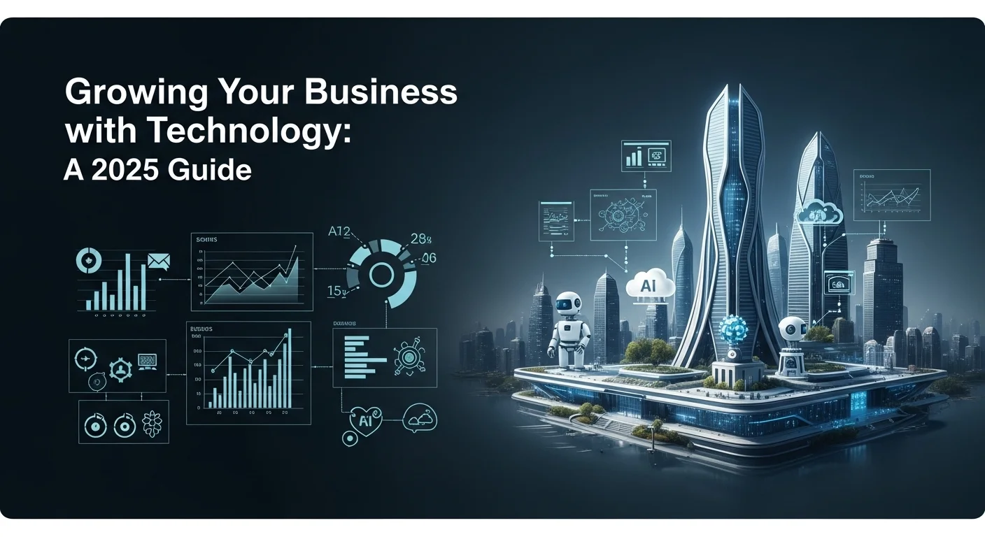 Modern technology landscape with business elements and tech solutions for Growing