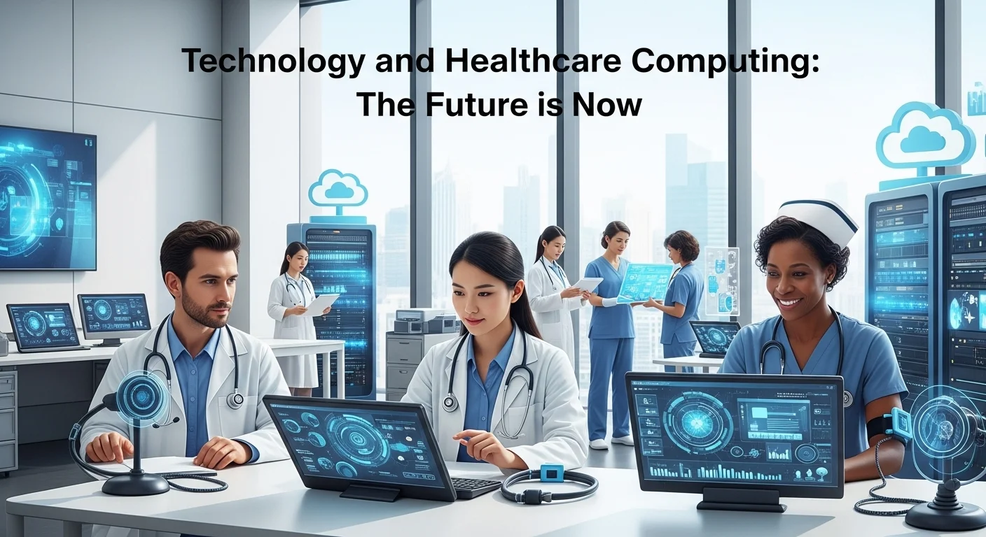 Modern technology landscape with business elements and tech solutions for Healthcare Computing