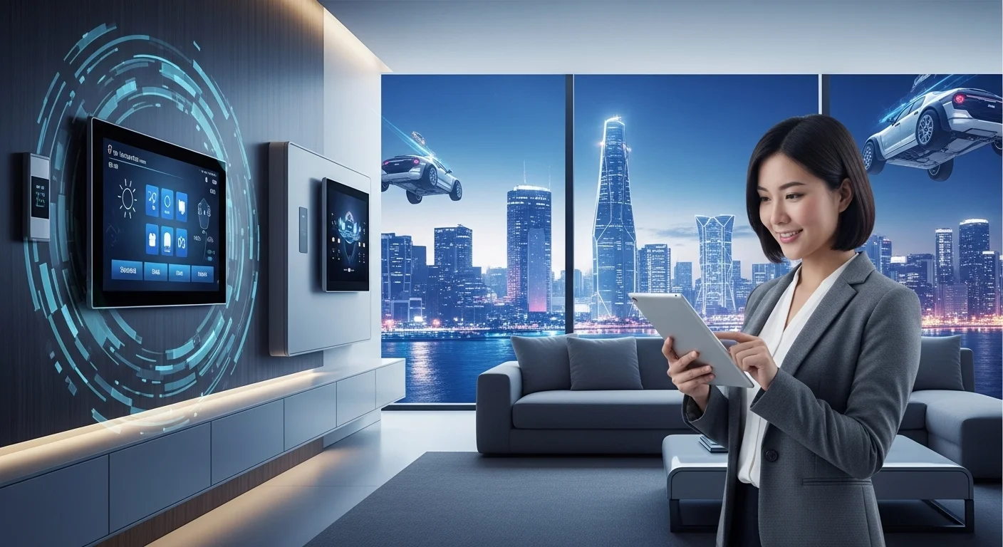 Modern technology landscape with business elements and tech solutions for Home Automation