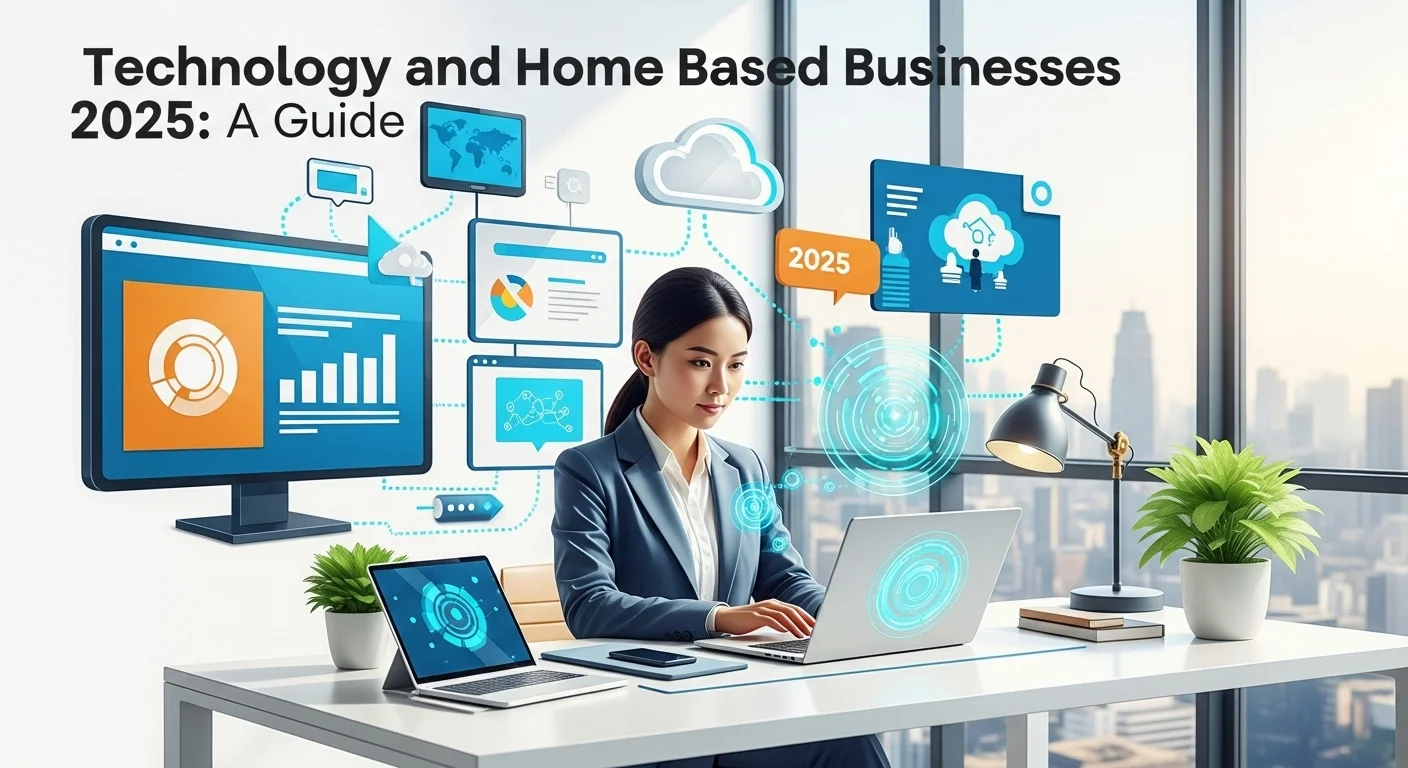 Modern technology landscape with business elements and tech solutions for Home Based Businesses 2025