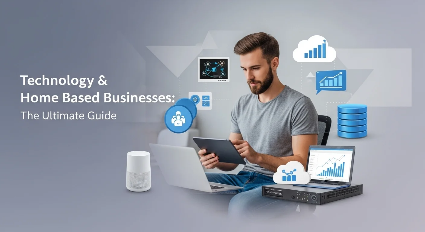 Modern technology landscape with business elements and tech solutions for Home Based Businesses