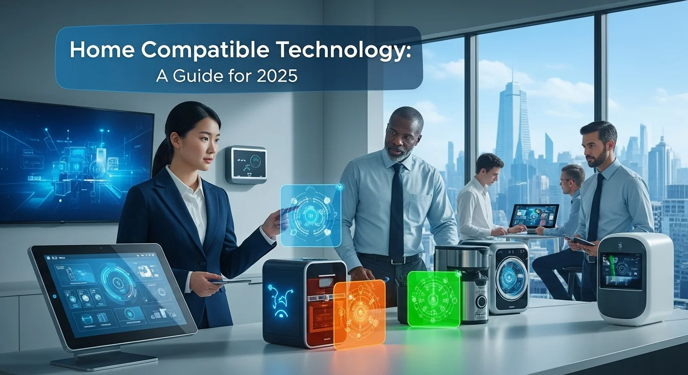 Modern technology landscape with business elements and tech solutions for Home Compatible