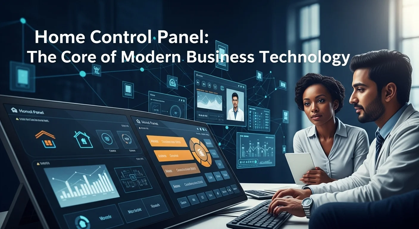 Modern technology landscape with business elements and tech solutions for Home Control Panel