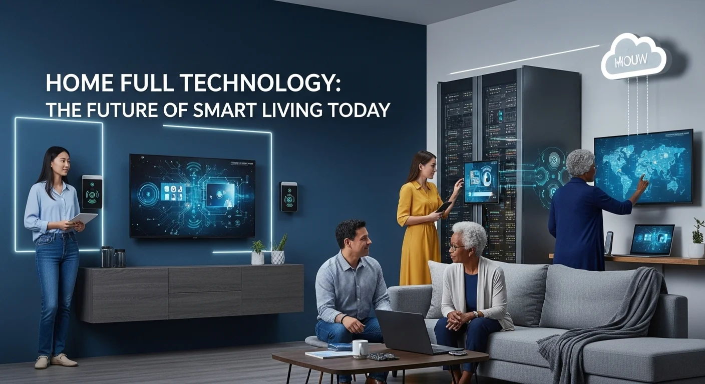 Modern technology landscape with business elements and tech solutions for Home Full