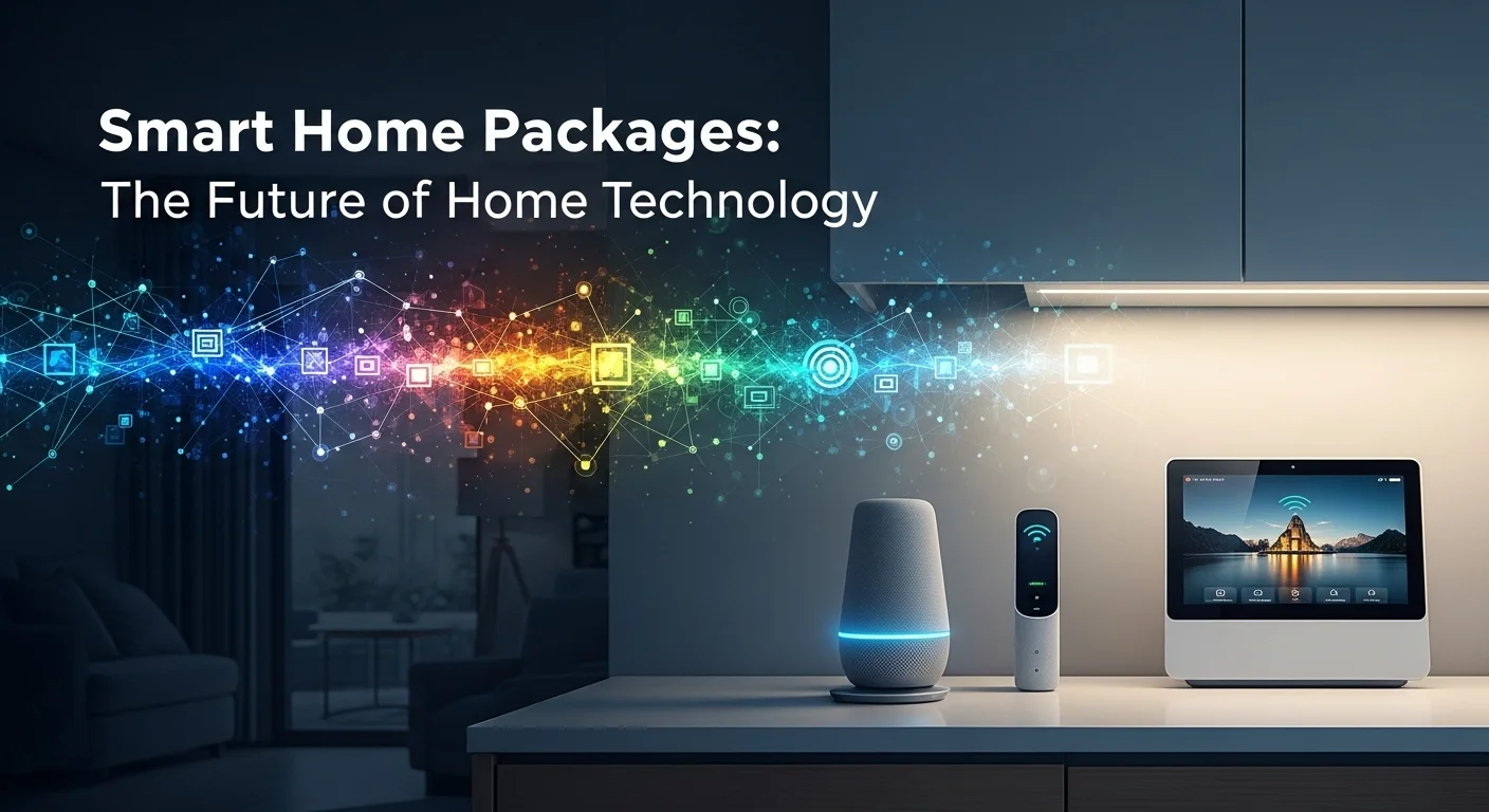 Modern technology landscape with business elements and tech solutions for Home Packages