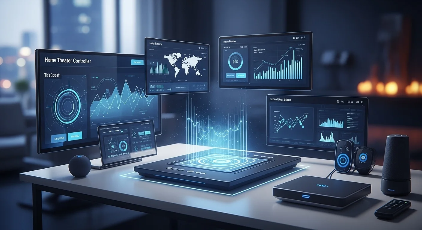 Modern technology landscape with business elements and tech solutions for Home Theater Controller