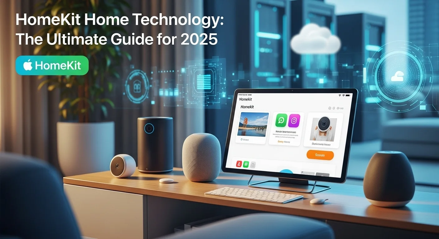 Modern technology landscape with business elements and tech solutions for Homekit Home
