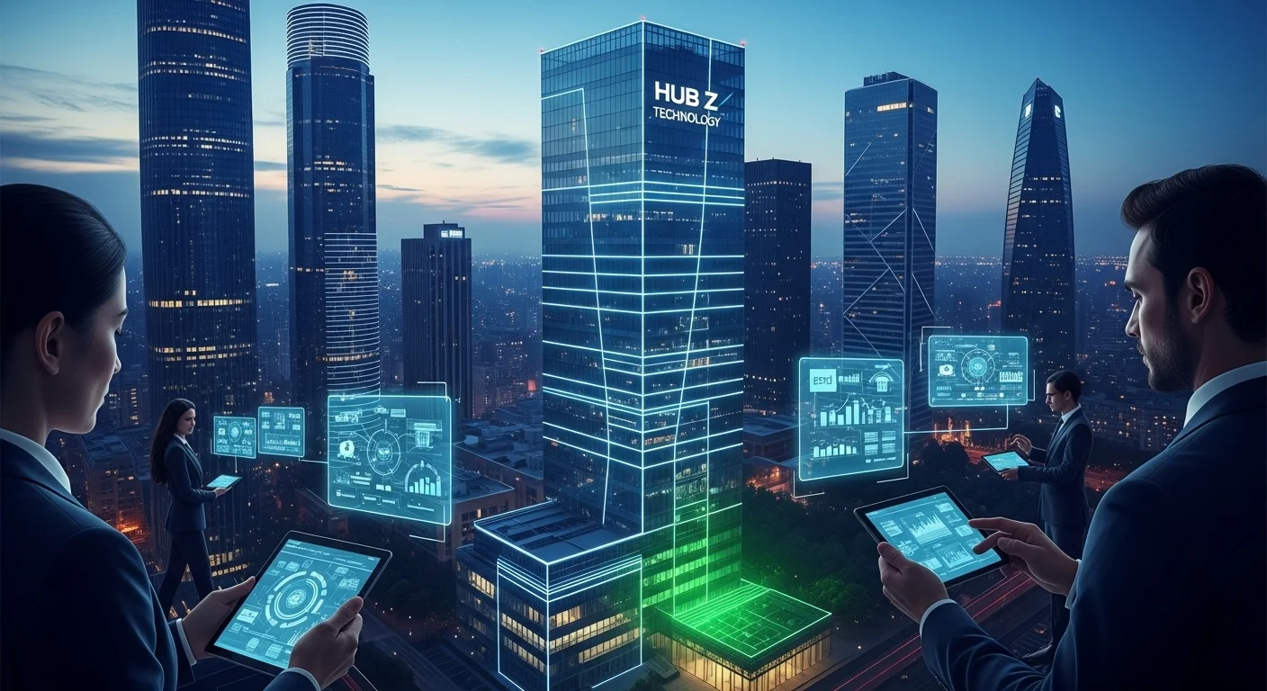 Modern technology landscape with business elements and tech solutions for Hub Z