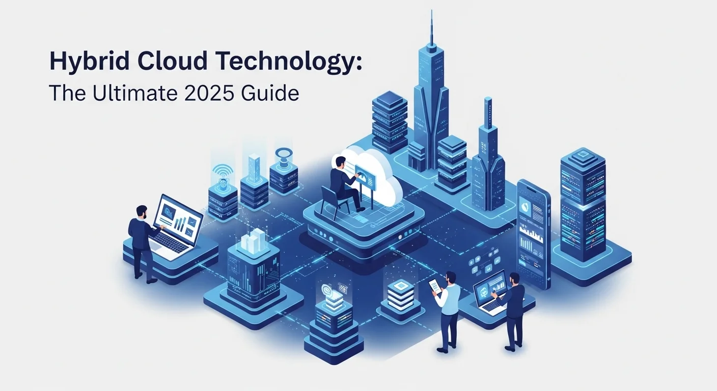 Modern technology landscape with business elements and tech solutions for Hybrid Cloud