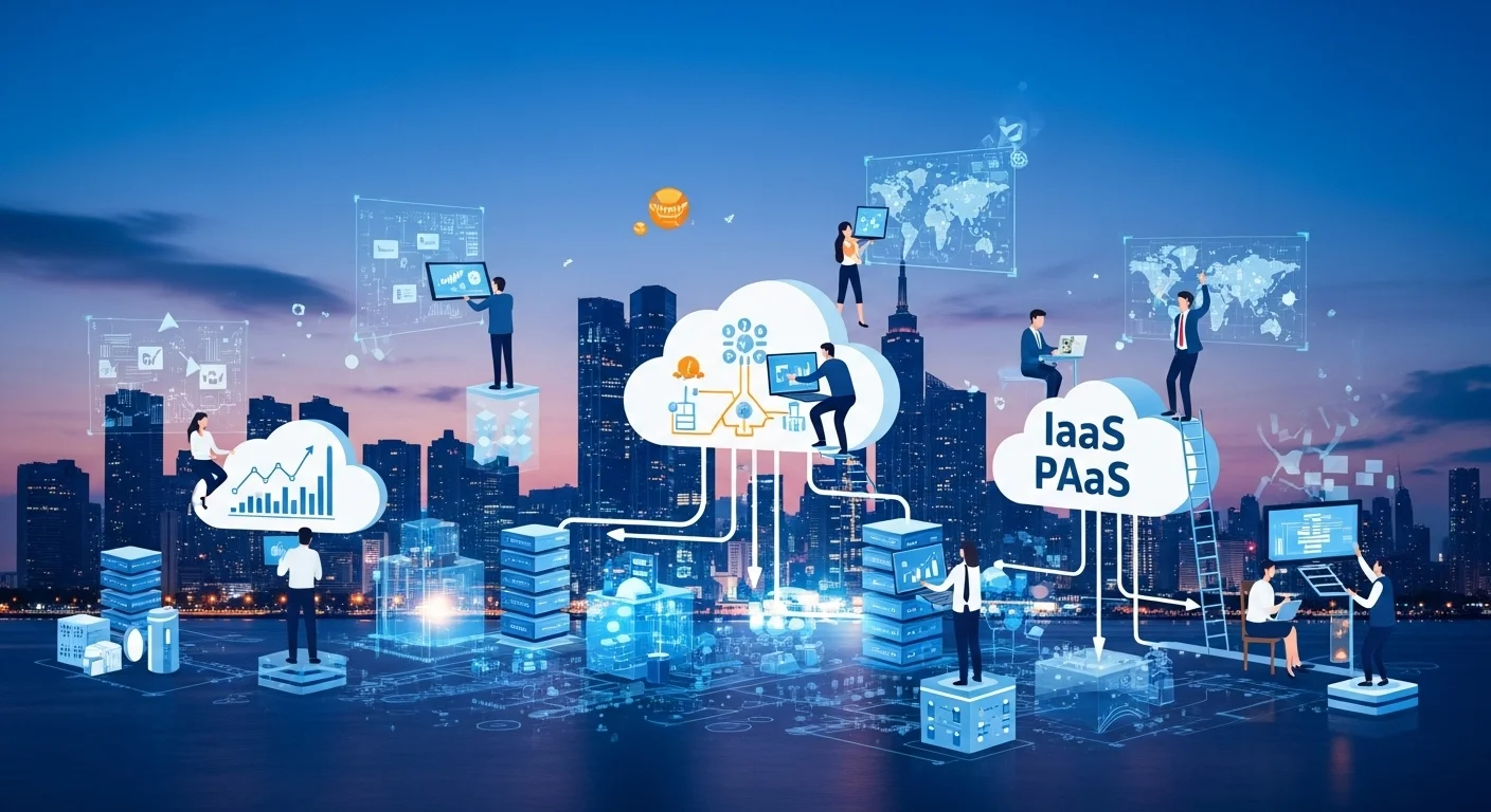 Modern technology landscape with business elements and tech solutions for Iaas Paas
