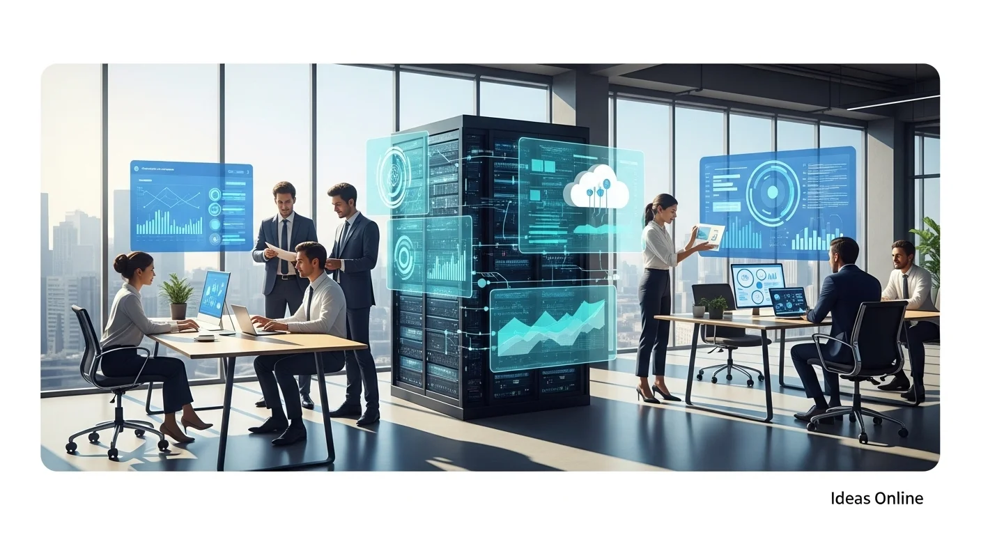 Modern technology landscape with business elements and tech solutions for Ideas Online