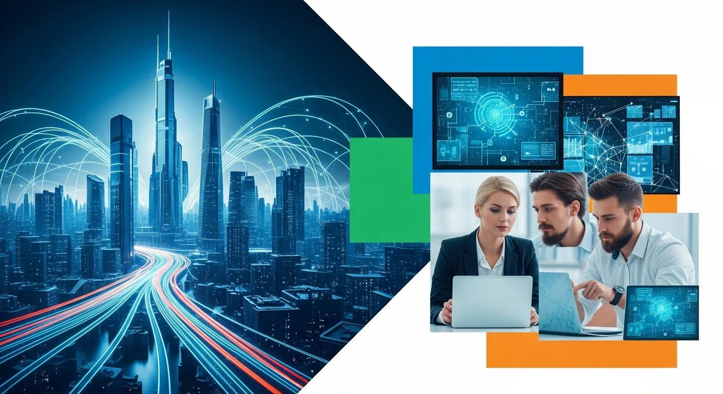 Modern technology landscape with business elements and tech solutions for Infrastructure Services