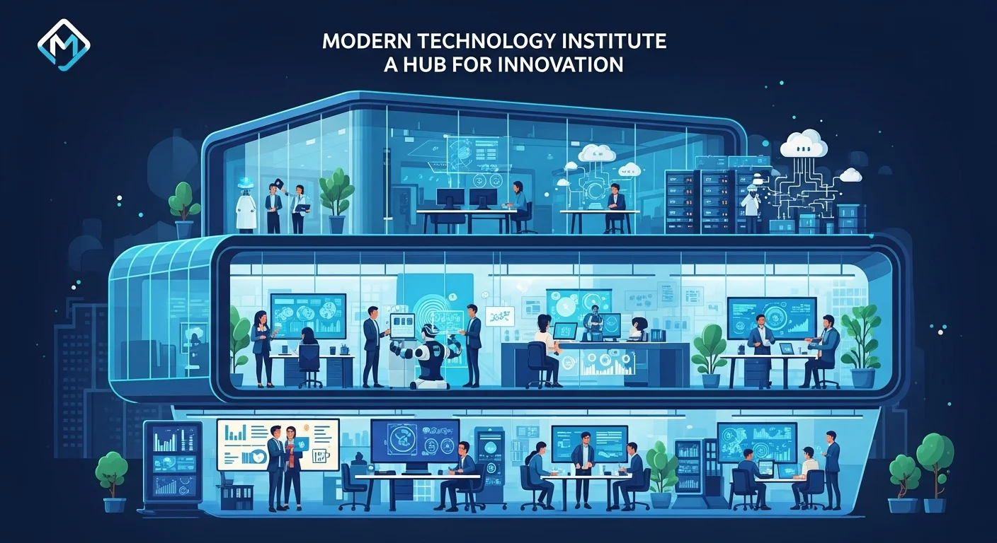 Modern technology landscape with business elements and tech solutions for Institute