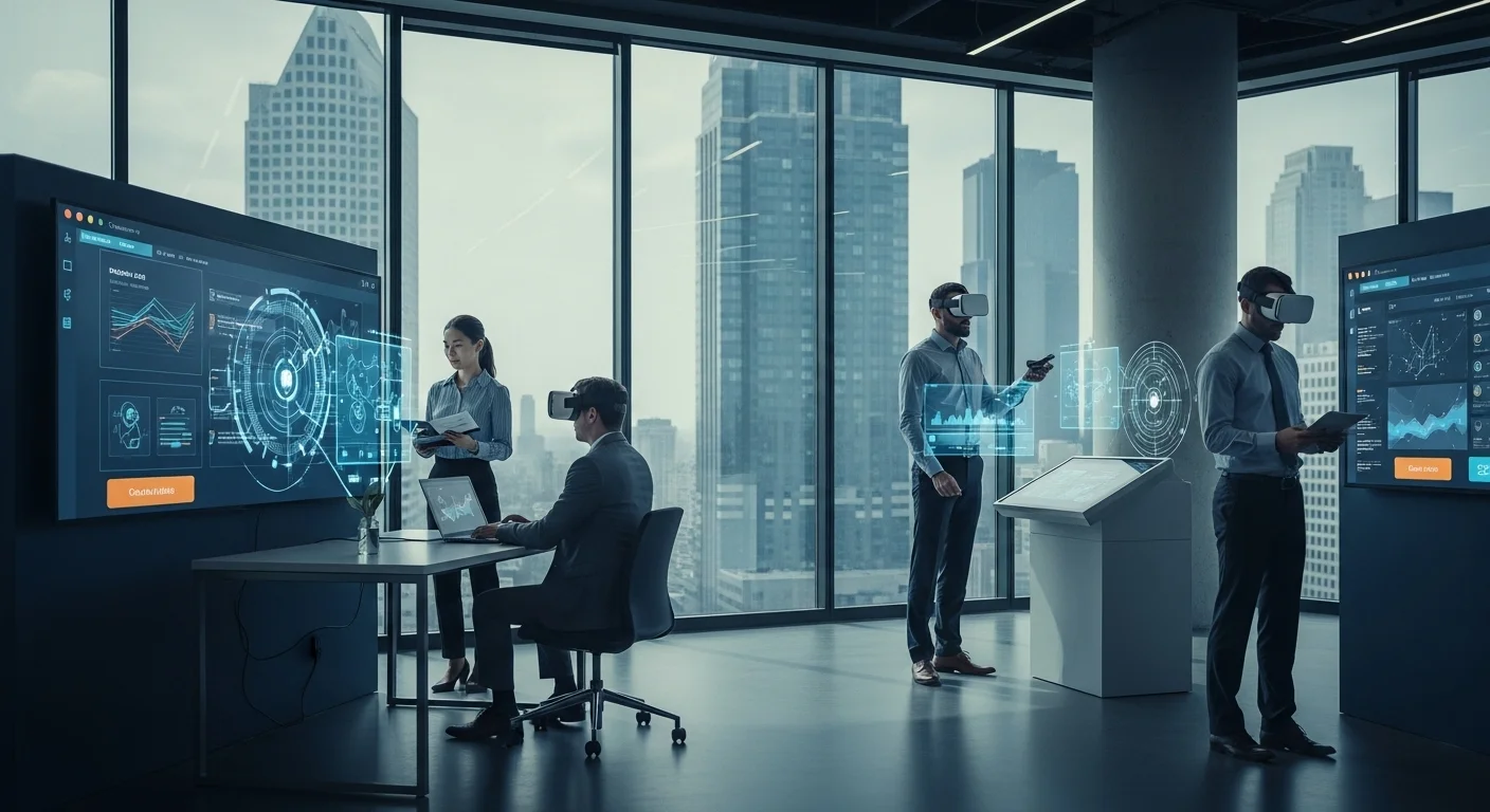 Modern technology landscape with business elements and tech solutions for Interface
