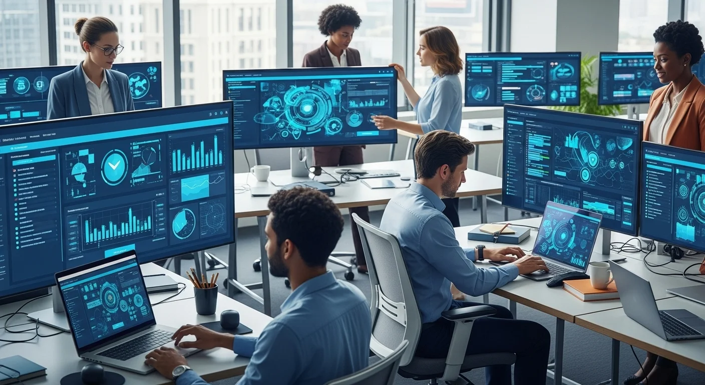 Modern technology landscape with business elements and tech solutions for Internet Security