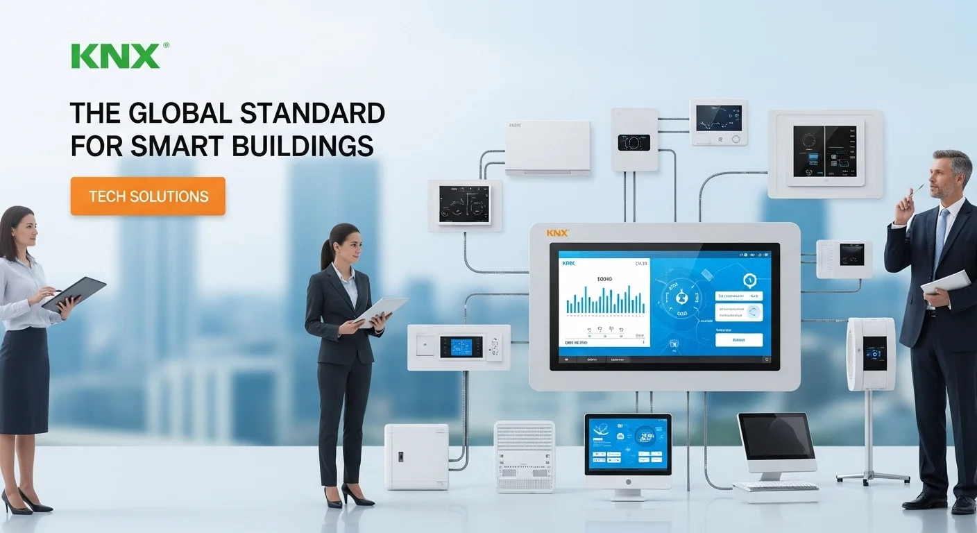 Modern technology landscape with business elements and tech solutions for Knx
