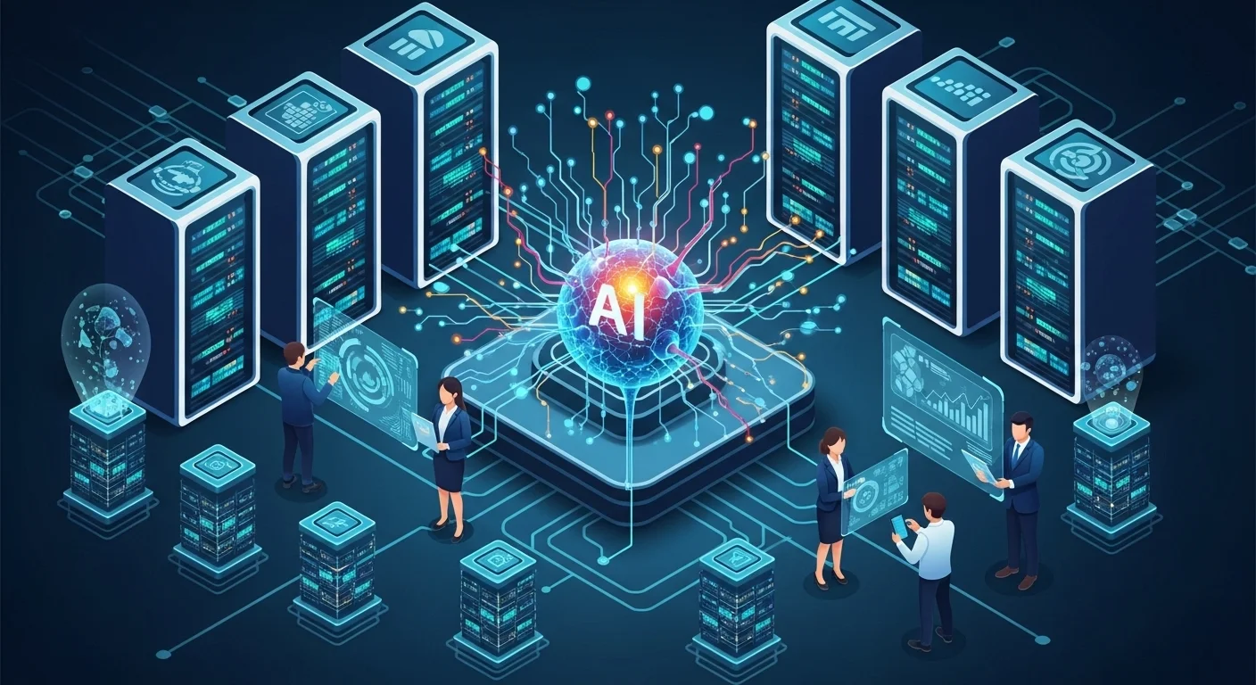 Modern technology landscape with business elements and tech solutions for Leading Ai