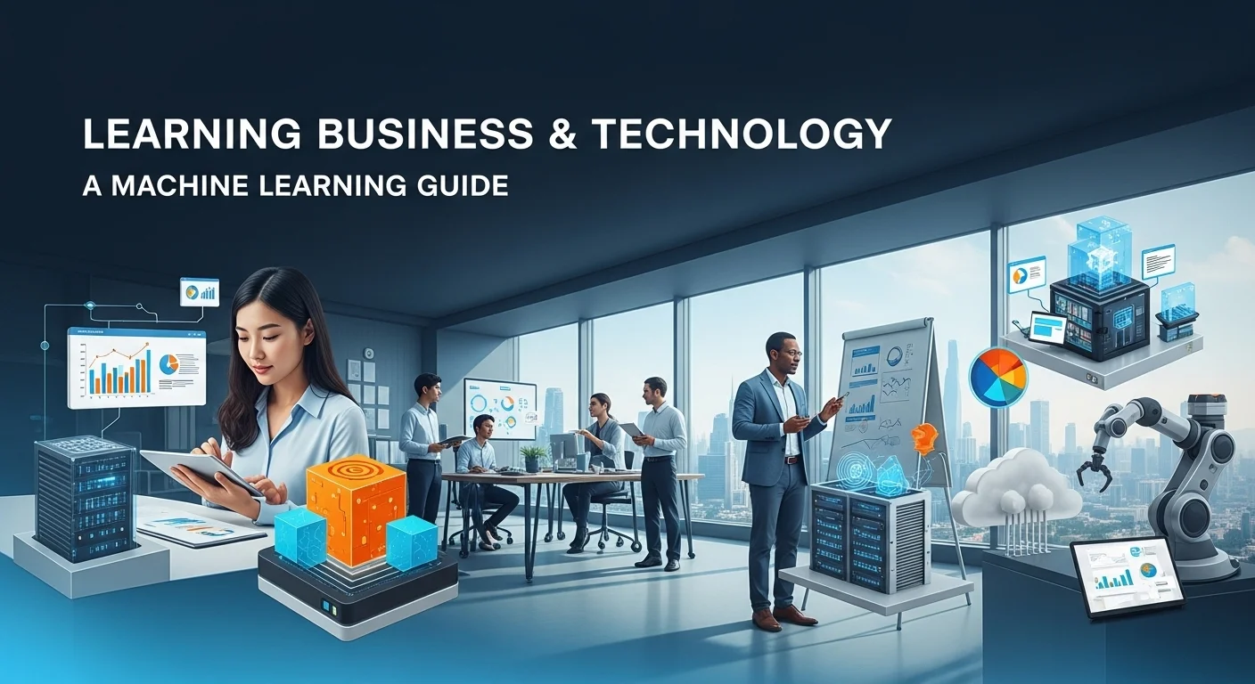 Modern technology landscape with business elements and tech solutions for Learning Business