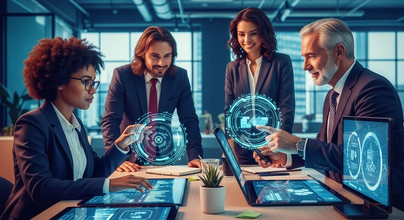 Modern technology landscape with business elements and tech solutions for Learning Companies