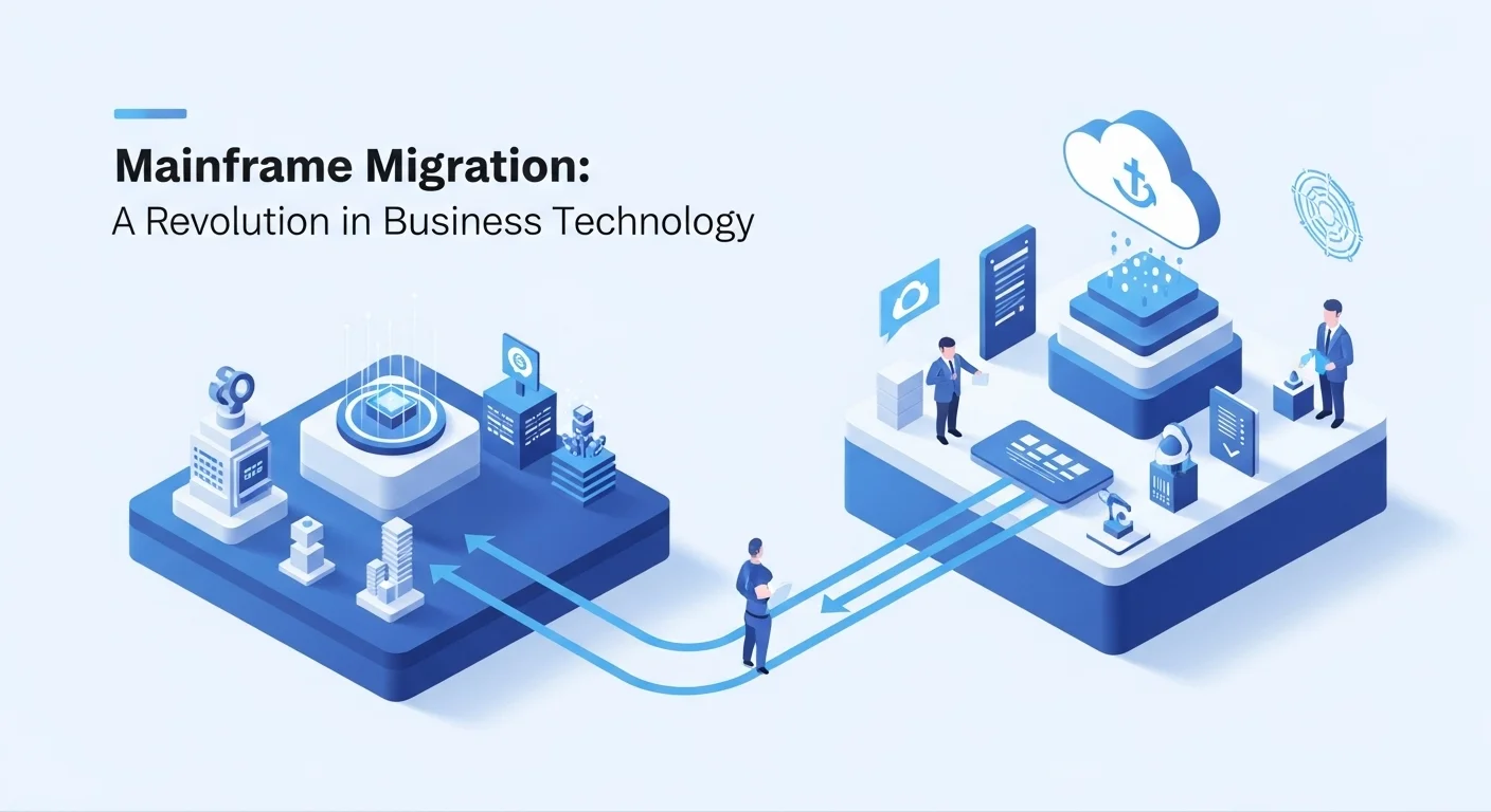 Modern technology landscape with business elements and tech solutions for Mainframe Migration