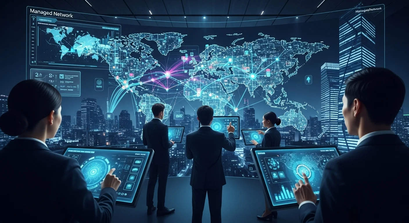 Modern technology landscape with business elements and tech solutions for Managed Network