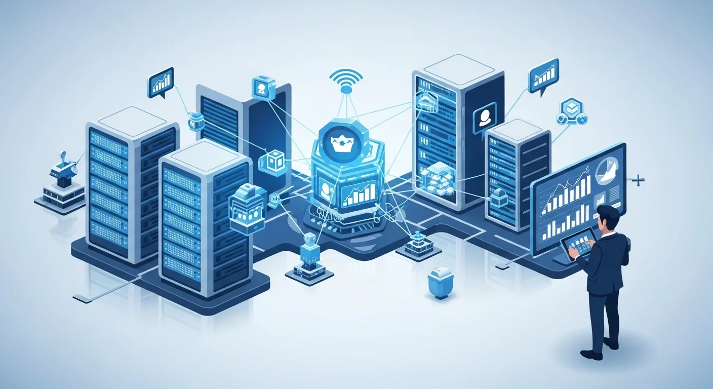 Modern technology landscape with business elements and tech solutions for Marketing Ideas Small