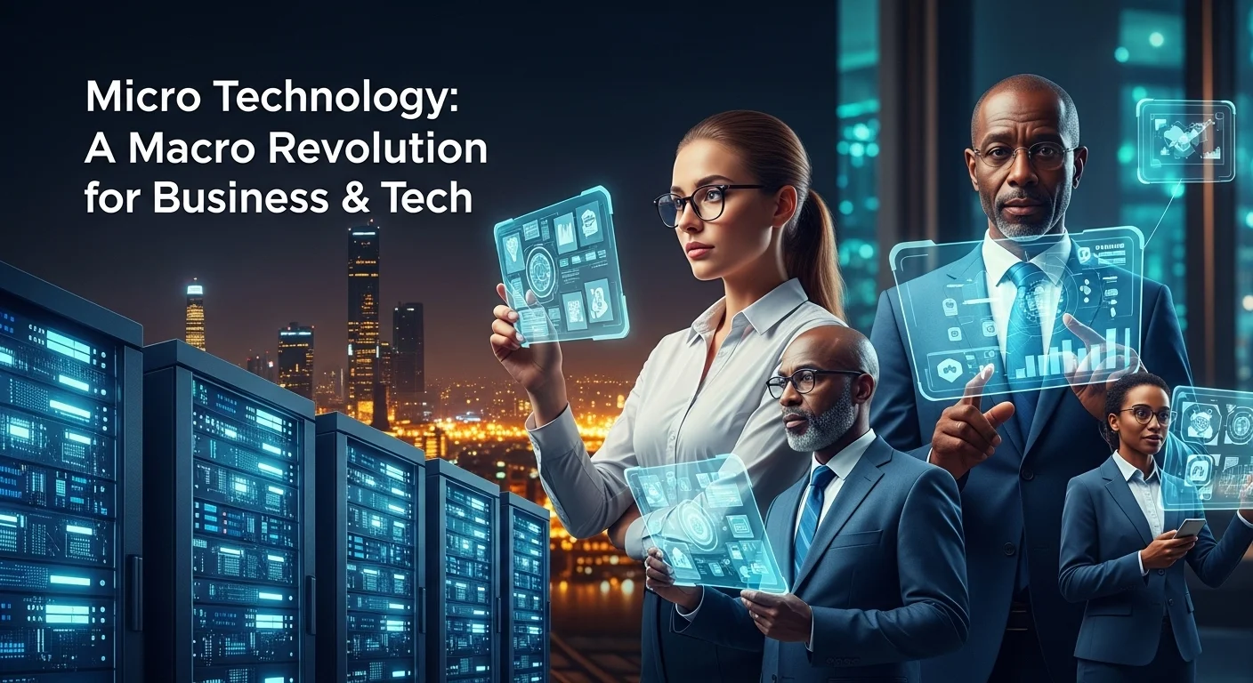 Modern technology landscape with business elements and tech solutions for Micro