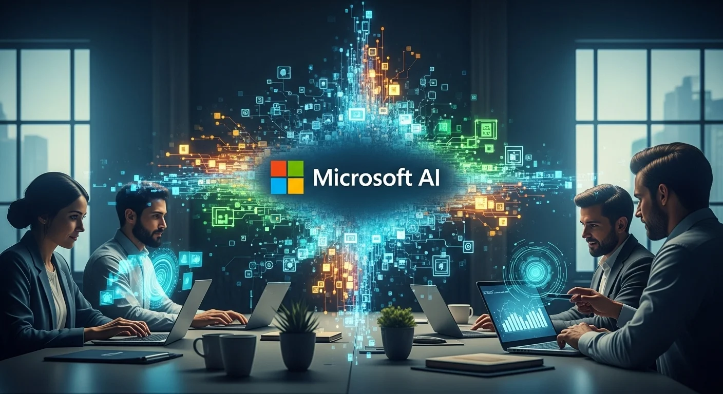 Modern technology landscape with business elements and tech solutions for Microsoft Ai