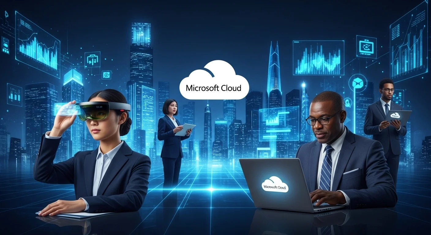 Modern technology landscape with business elements and tech solutions for Microsoft Cloud