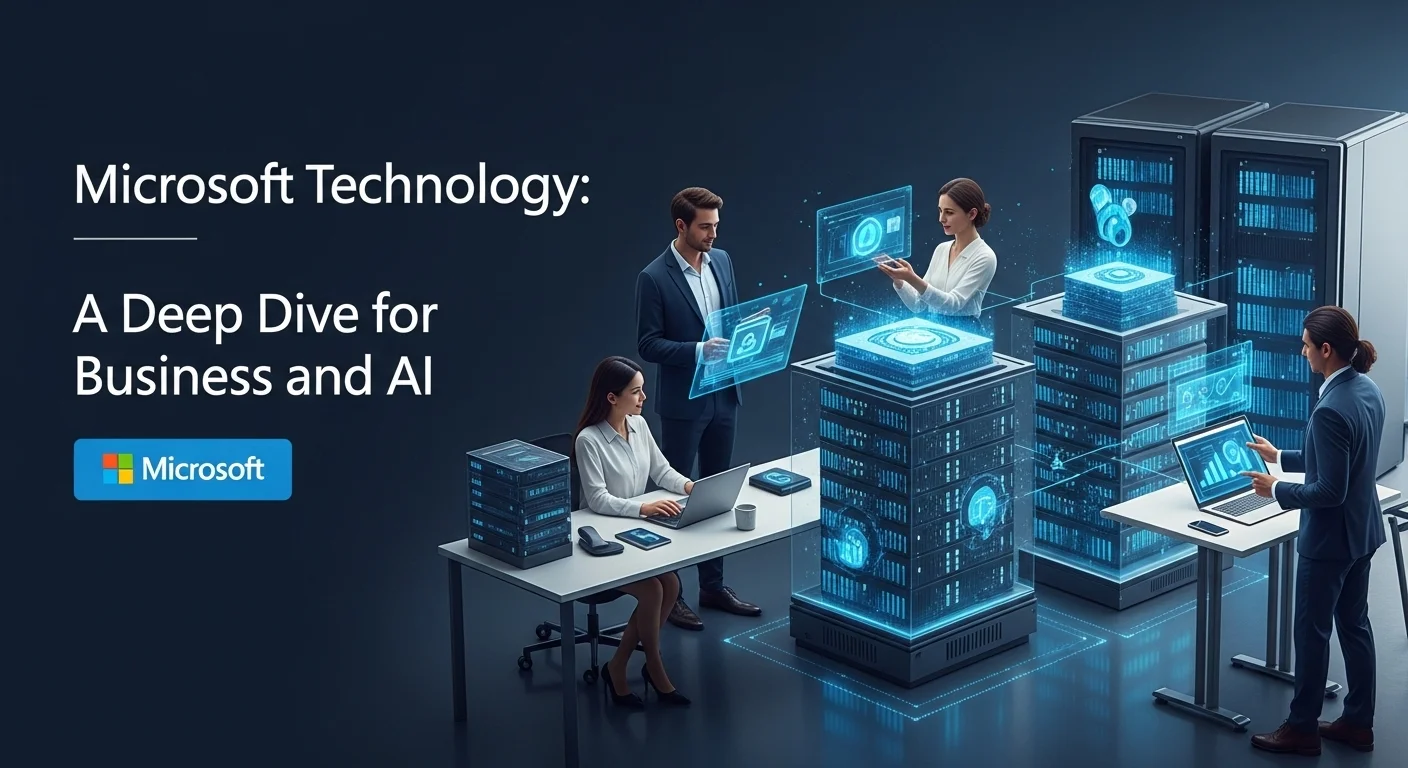 Modern technology landscape with business elements and tech solutions for Microsoft
