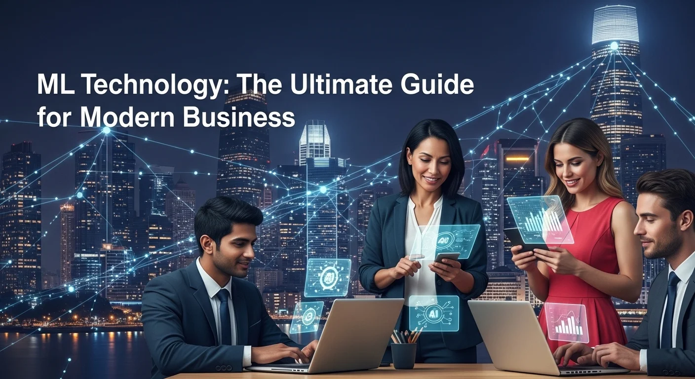 Modern technology landscape with business elements and tech solutions for Ml