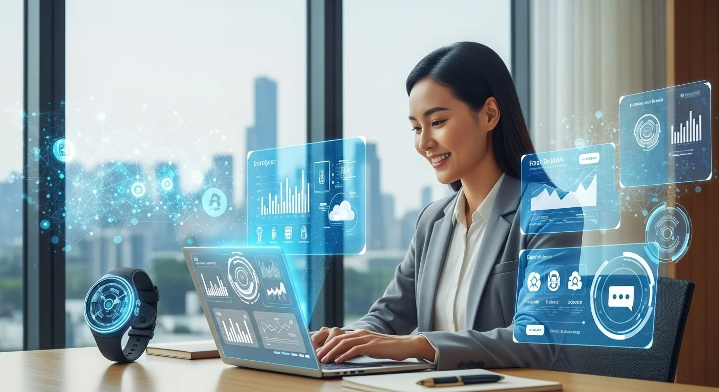 Modern technology landscape with business elements and tech solutions for Mom