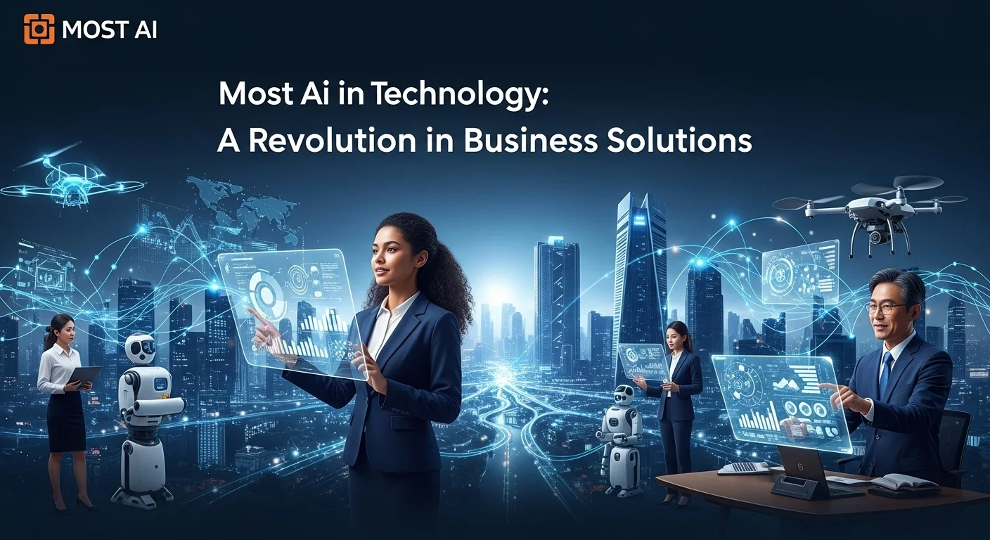 Modern technology landscape with business elements and tech solutions for Most Ai