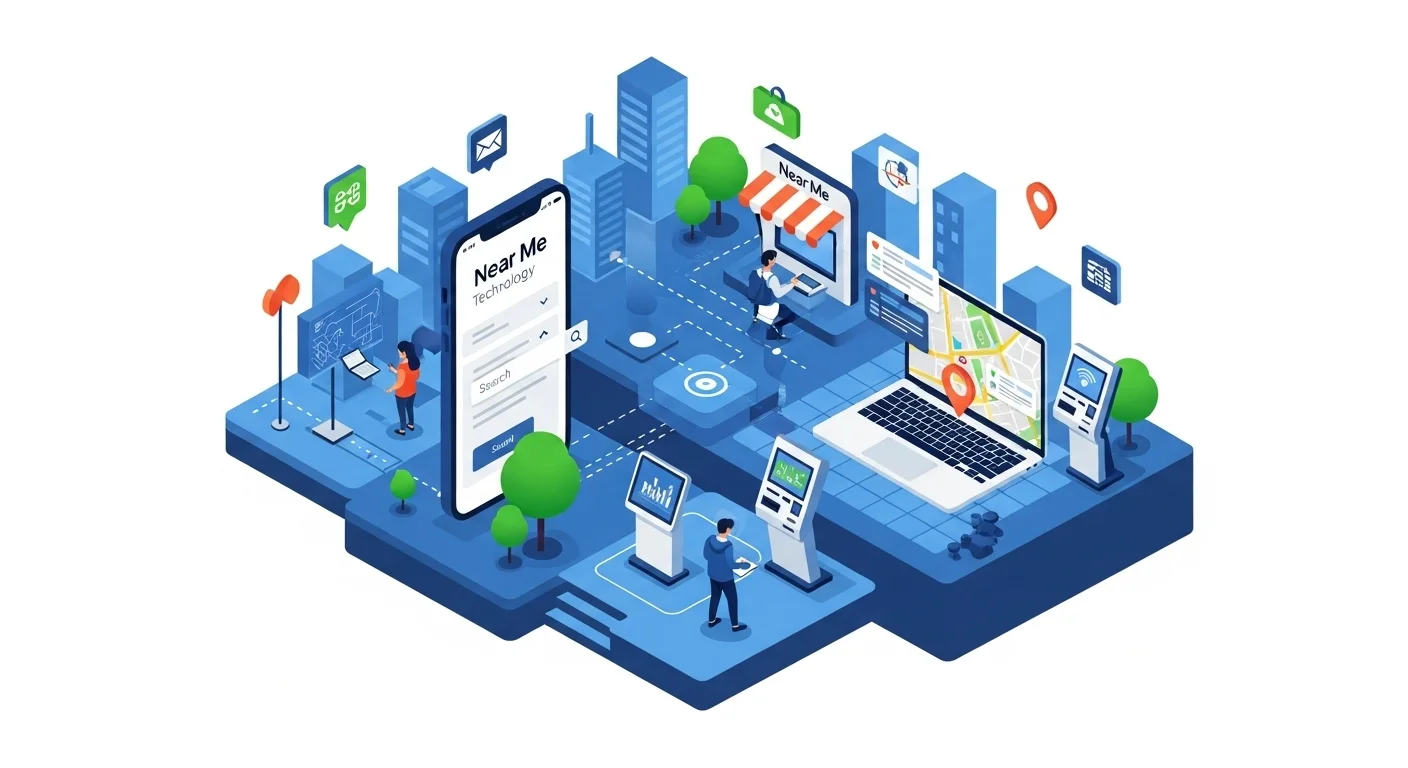 Modern technology landscape with business elements and tech solutions for Near Me