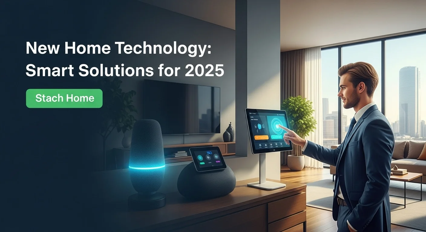 Modern technology landscape with business elements and tech solutions for New Home