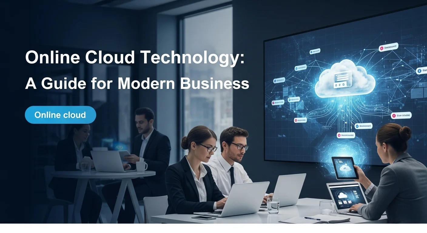 Modern technology landscape with business elements and tech solutions for Online Cloud