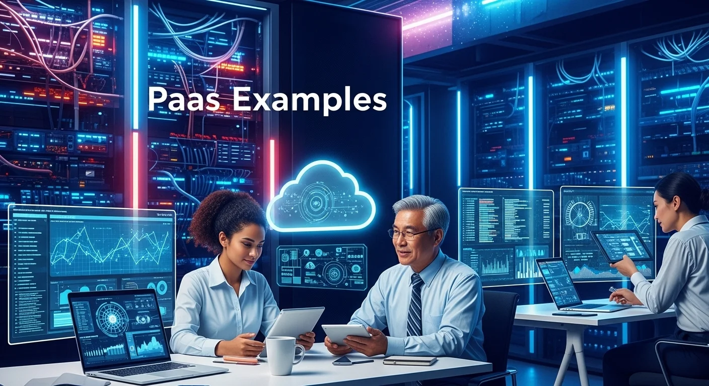 Modern technology landscape with business elements and tech solutions for Paas Examples