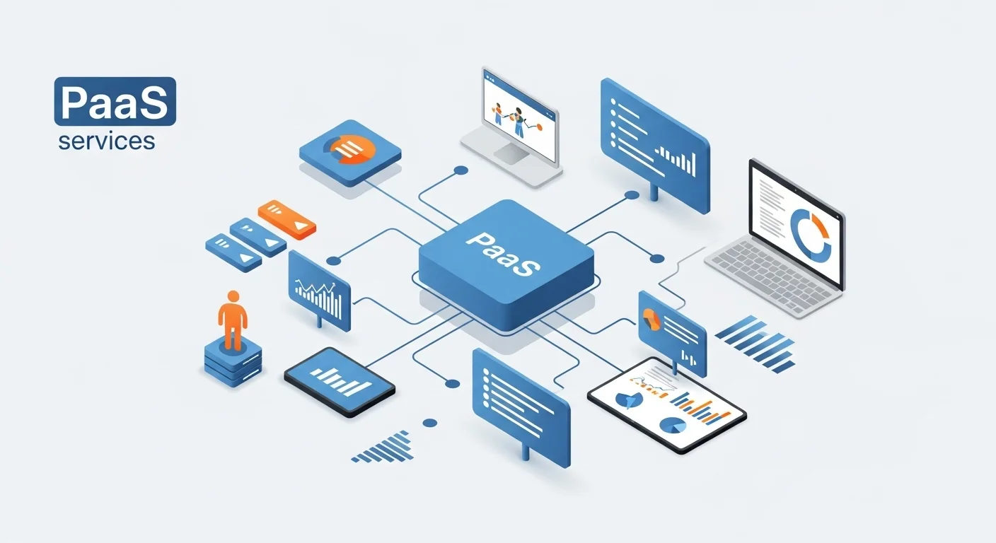 Modern technology landscape with business elements and tech solutions for Paas Services