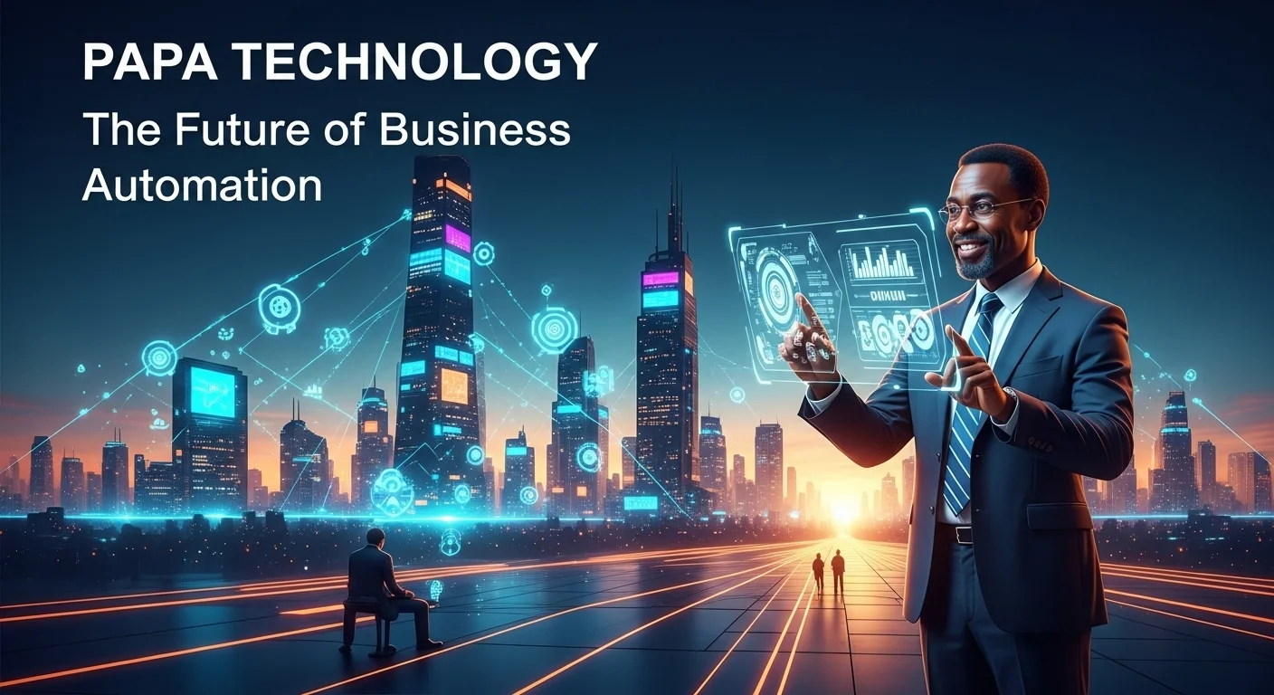 Modern technology landscape with business elements and tech solutions for Papa