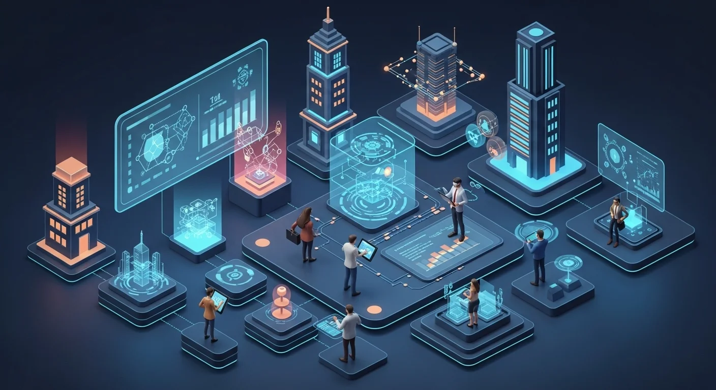 Modern technology landscape with business elements and tech solutions for Profitable Small Most