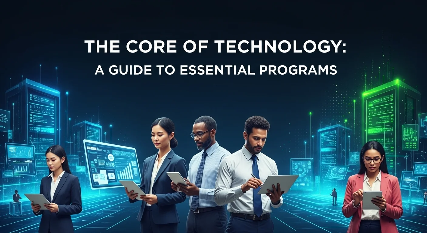 Modern technology landscape with business elements and tech solutions for Programs