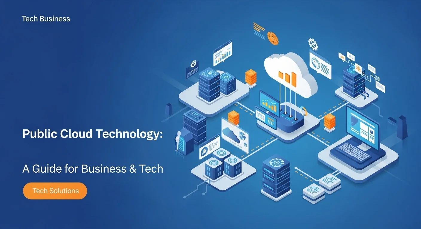 Modern technology landscape with business elements and tech solutions for Public Cloud