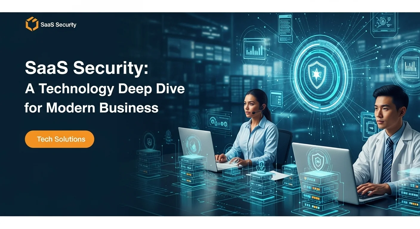 Modern technology landscape with business elements and tech solutions for Saas Security