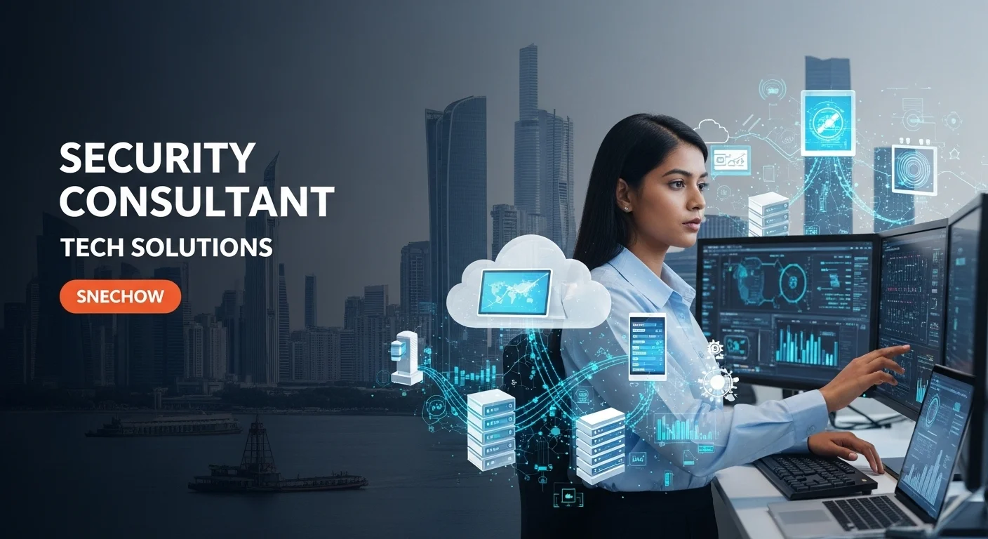 Modern technology landscape with business elements and tech solutions for Security Consultant