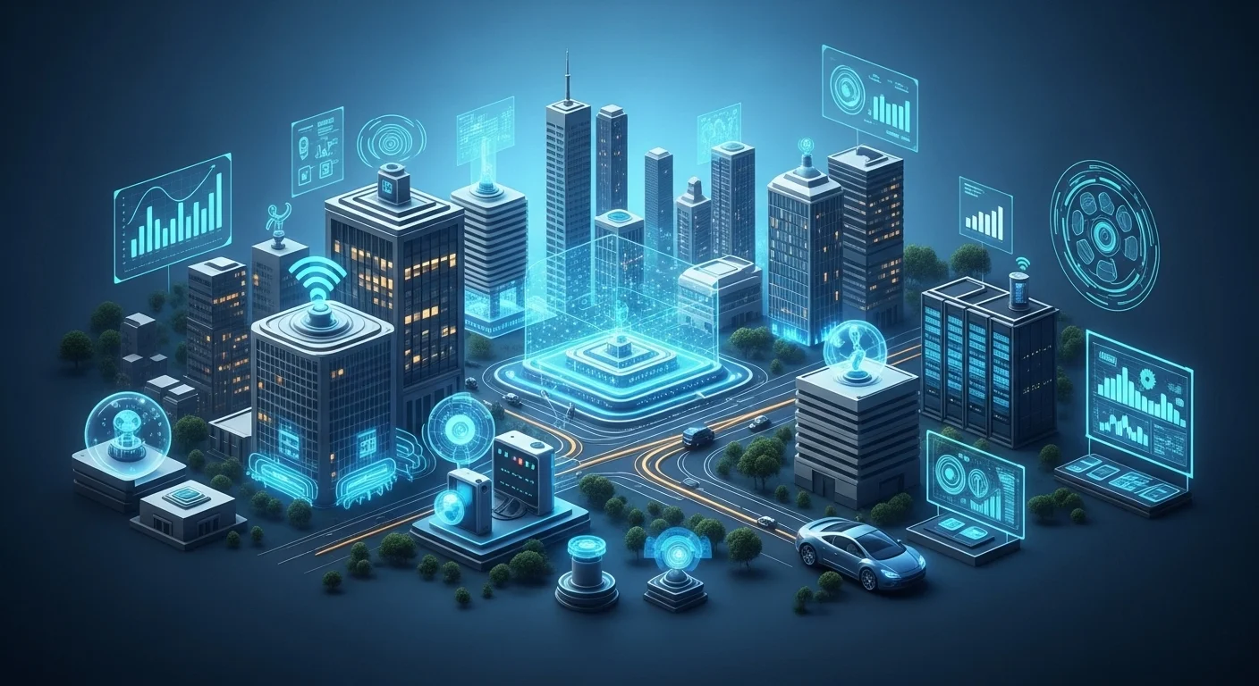Modern technology landscape with business elements and tech solutions for Sensor