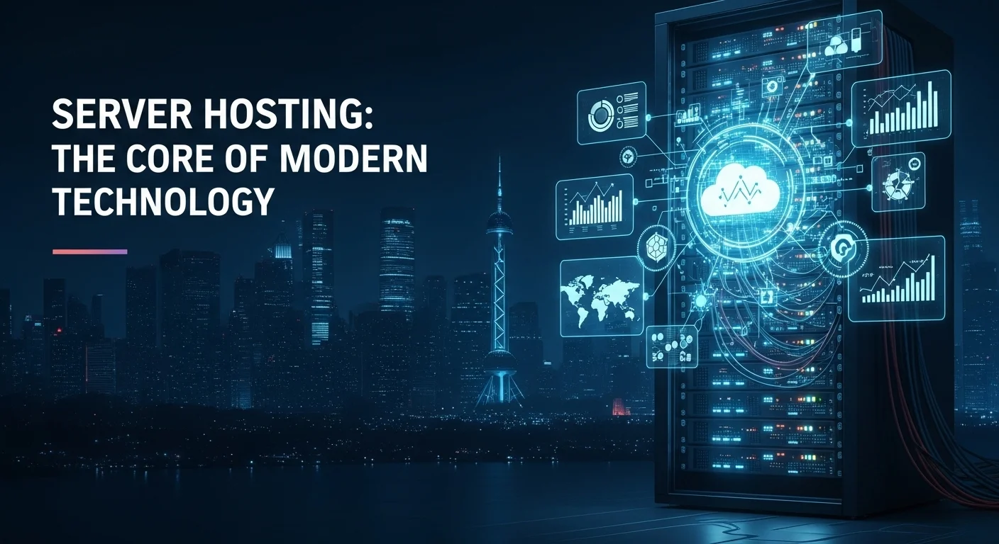 Modern technology landscape with business elements and tech solutions for Server Hosting