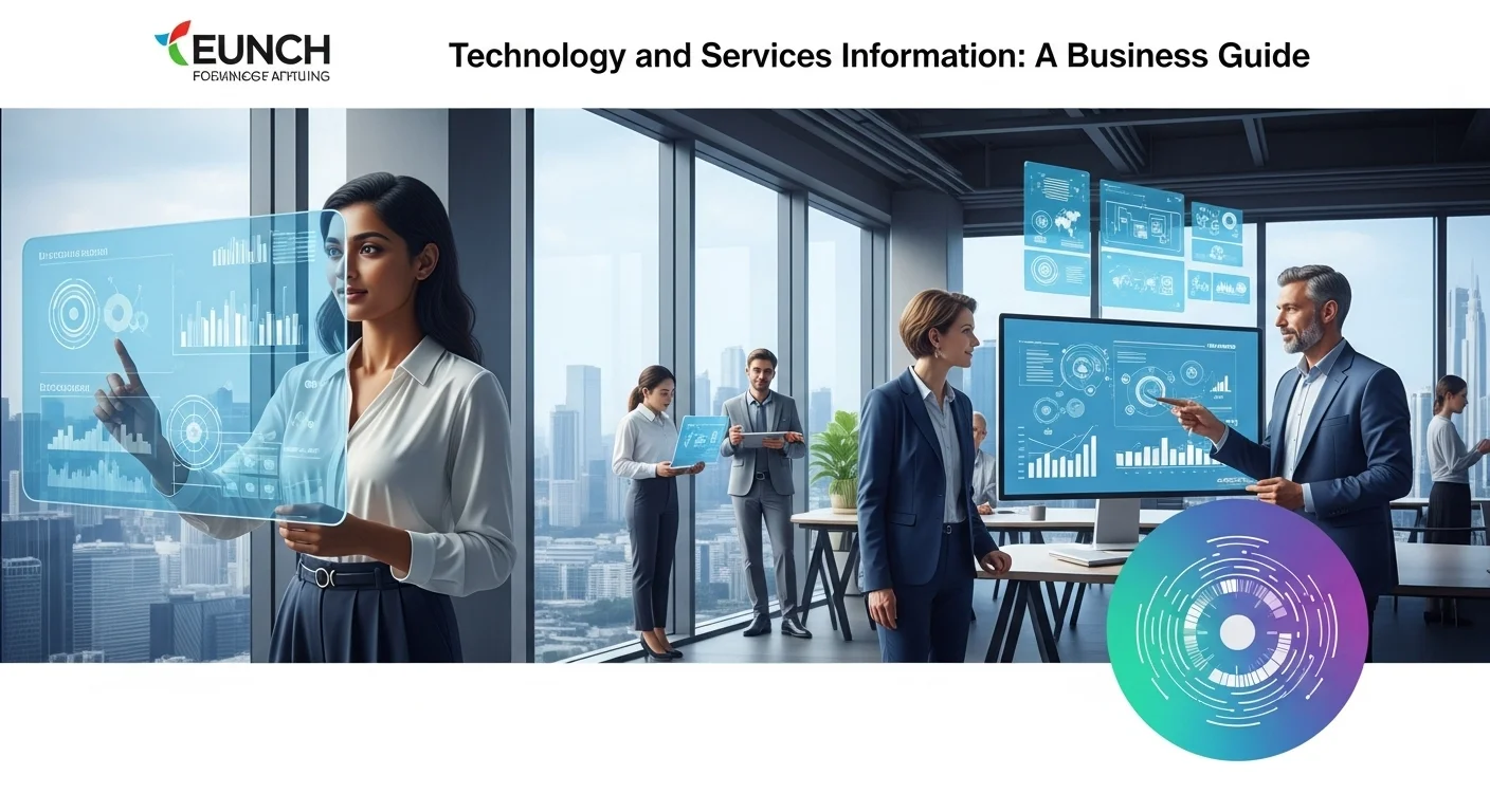 Modern technology landscape with business elements and tech solutions for Services Information