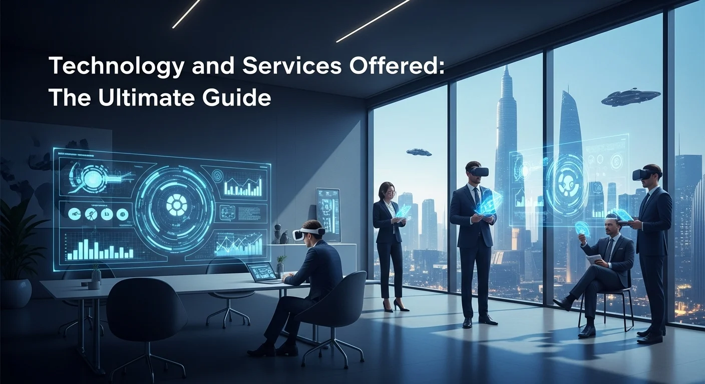 Modern technology landscape with business elements and tech solutions for Services Offered